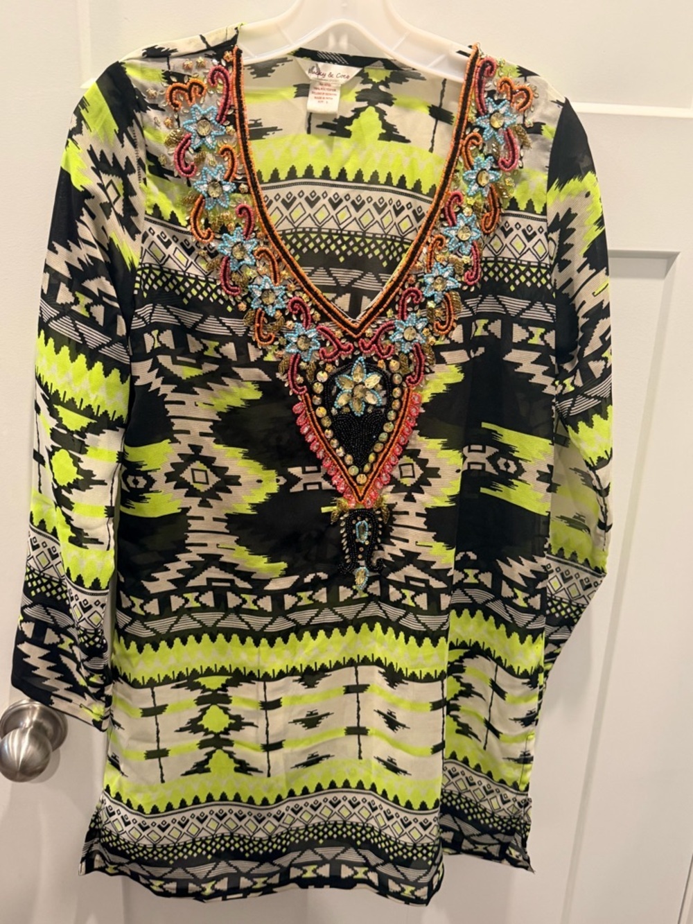 Lucky & Coco Boho Tunic Dress Small Embellished Beaded V Neck Festival Top